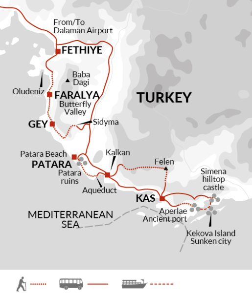 The Lycian Way trek route map, Turkey